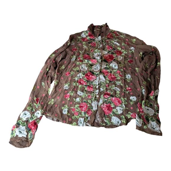 Stunning Rare Find Designer silk blend Sheer Floral Rose Mocha brown Shi… - Picture 9 of 16